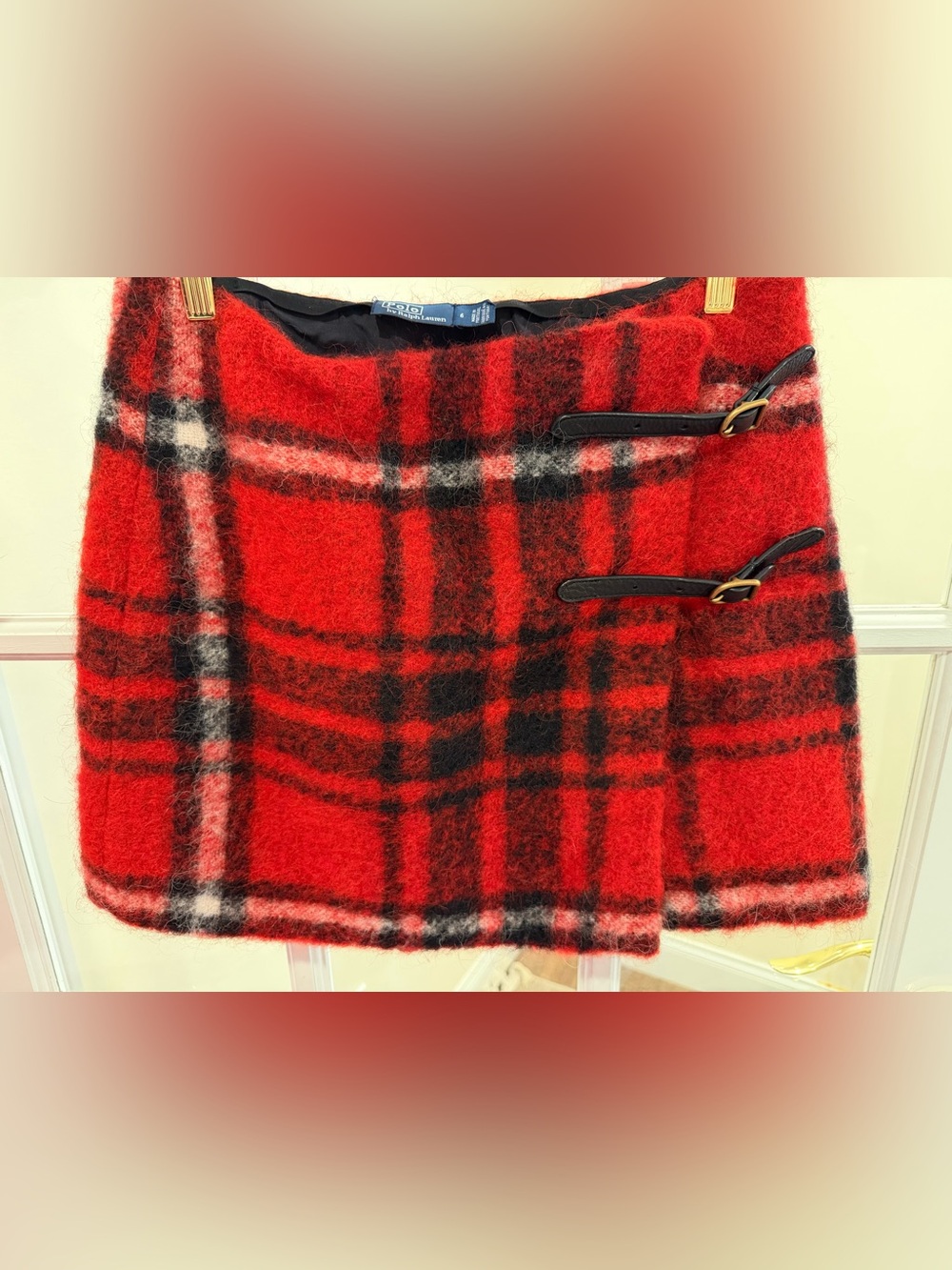 Ralph Lauren Red Black and White Plaid Mini Skirt with Buckle Straps